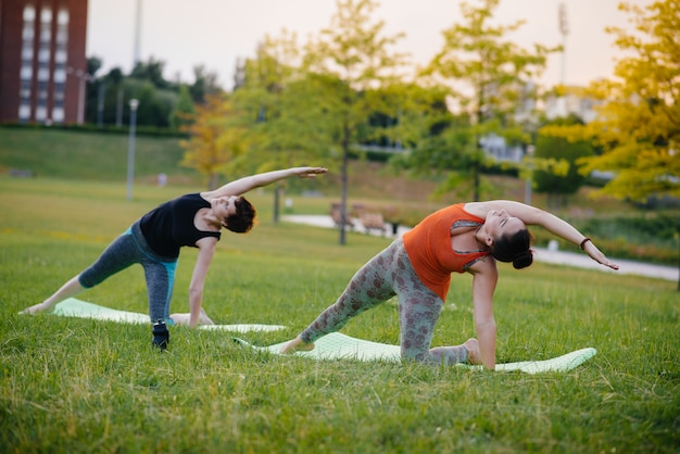 Young girls do yoga outdoors in the Park during sunset. Healthy lifestyle