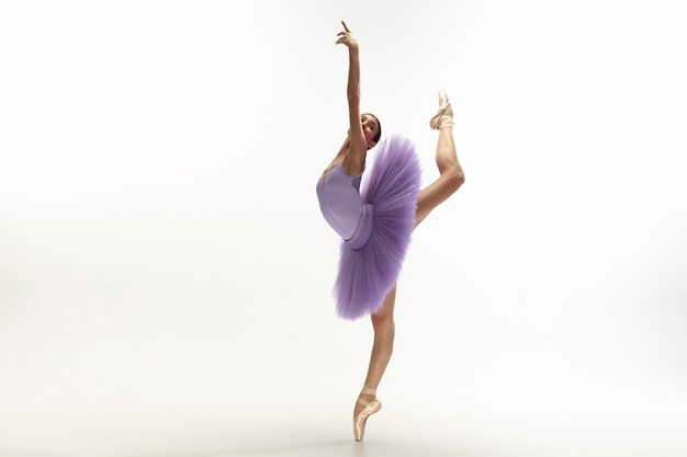 Young graceful tender ballerina on white studio background