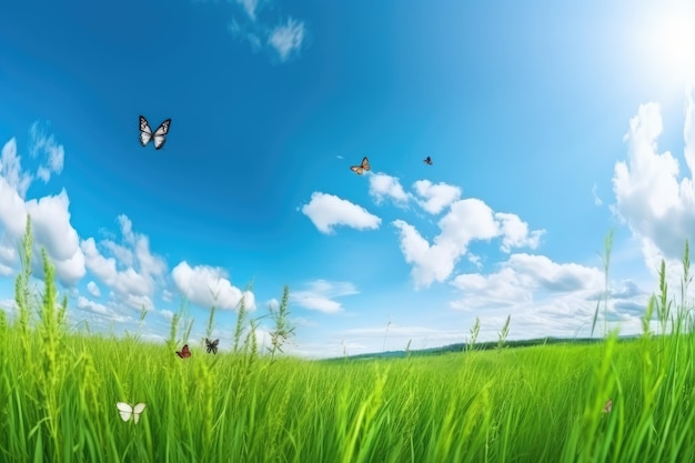 Young green juicy grass and fluttering butterflies in nature AI generated