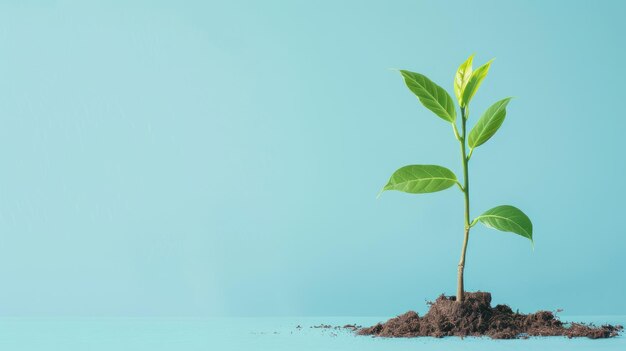 Young green plant growing in soil against blue background