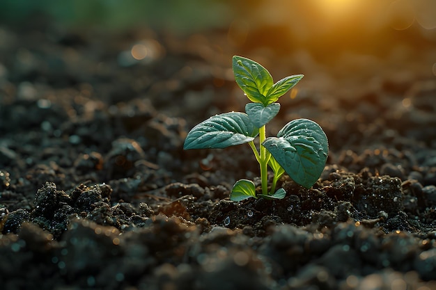 Photo young green plant seedling growing in fertile soil at sunrise agricultural growth concept