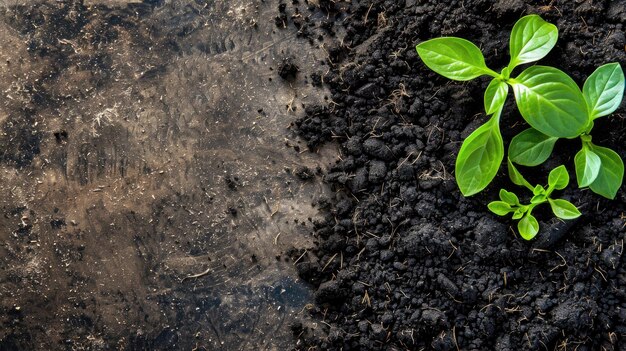 Young green plant sprouting from rich dark soil against dry background