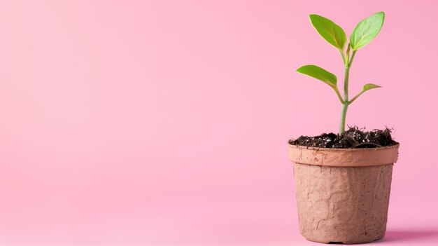 A young green plant sprouts from a biodegradable pot against a soft pink background