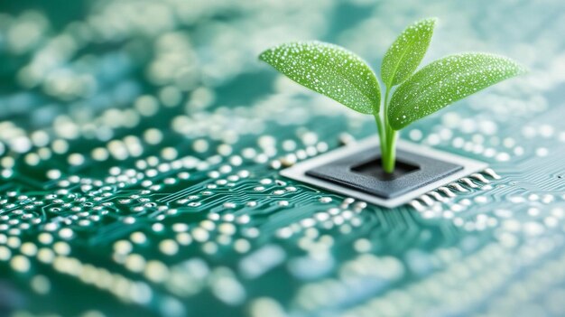 Photo young green plant sprouts from a circuit board symbolizing the fusion of technology and nature thi