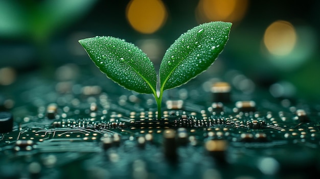 Photo young green plant sprouts from a circuit board symbolizing the fusion of technology and nature thi