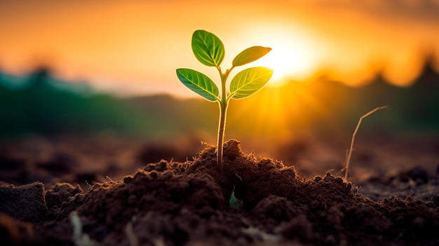 young green plant with soil in sunlight