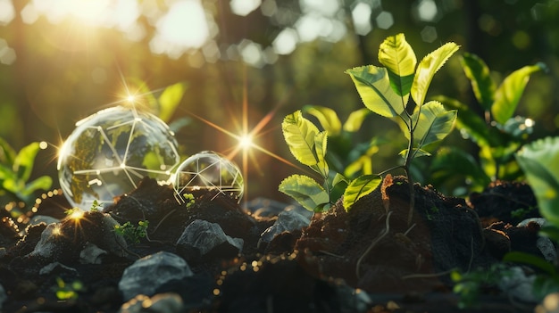 Young green plants emerge from rich soil illuminated by sparkling sunlight symbolizing growth and sustainability