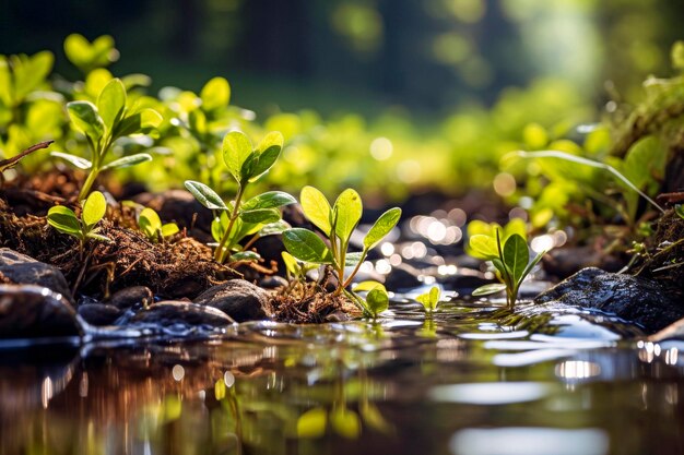 Young green plants growing in water on a sunny day Shallow depth of field