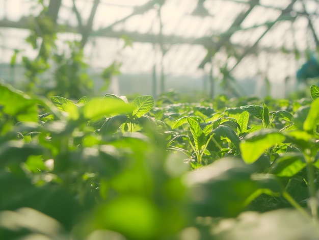 Photo young green plants sunlit greenhouse agriculture sustainability concept