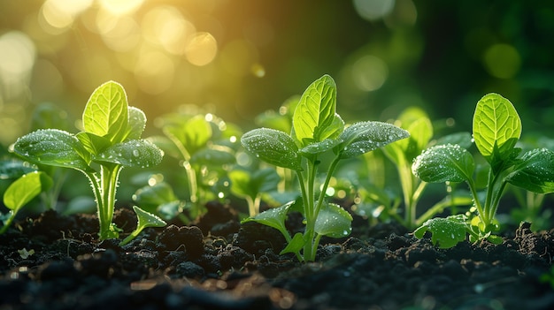 Young Green Plants with Dewdrops in Sunlight