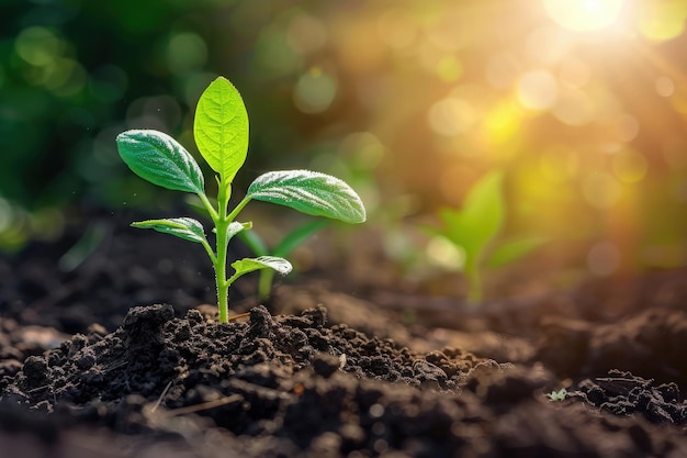 A young green sprout breaks through the rich soil reaching towards the warm morning sun