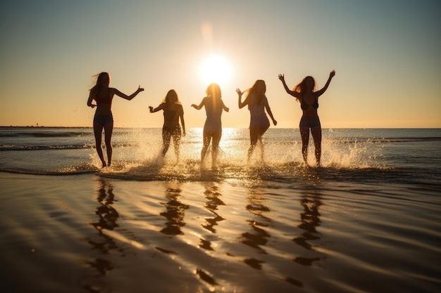 Young group of people jumping into the air at beach Generative AI