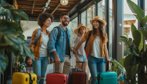 Young group of tourists with suitcases arriving at youth hostel guest house Happy friends enjoying