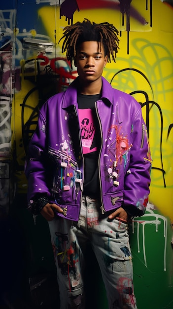 young guy in fashionable clothes against the background of a graffiti wall