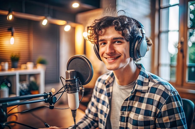 An young guy in the podcast studio