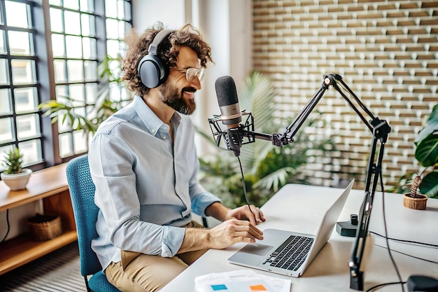 An young guy in the podcast studio