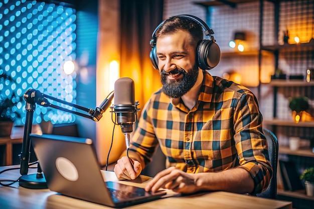 An young guy in the podcast studio