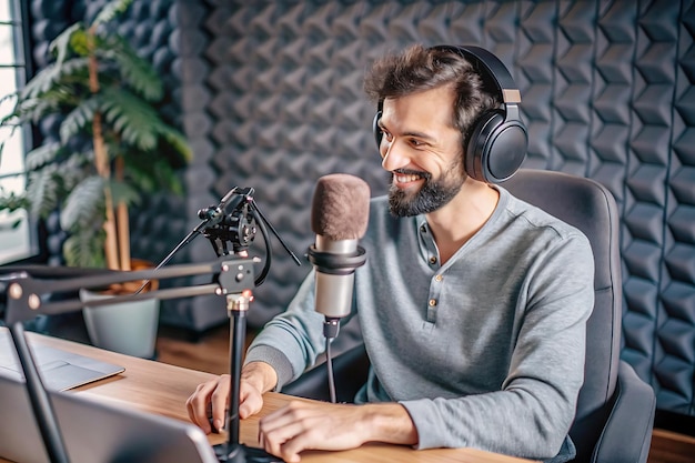 An young guy in the podcast studio