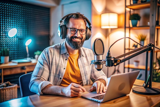 An young guy in the podcast studio