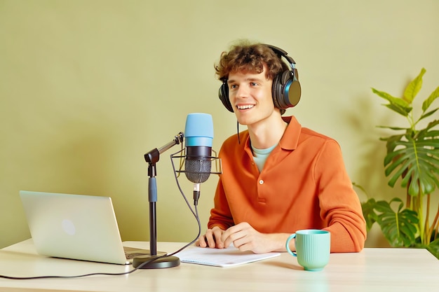 An young guy in the podcast studio