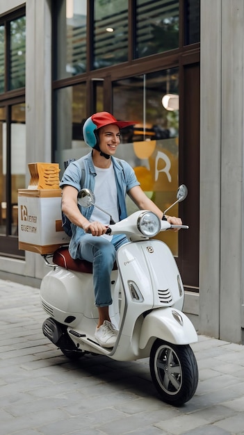 Photo young guy on a scooter delivers food to a customer through the r delivery concept