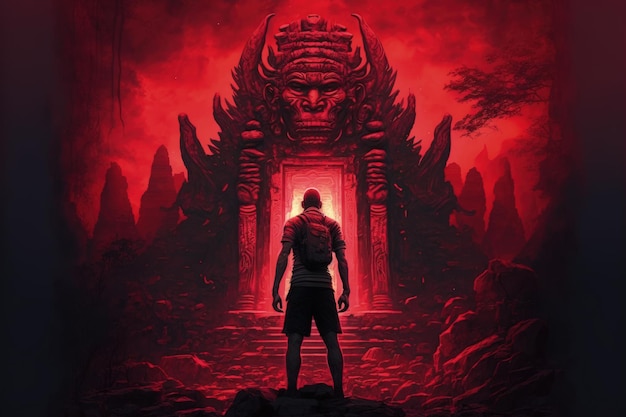 Young guy standing in front of an old temple illuminated by red lights Fantasy concept Illustration painting Generative AI