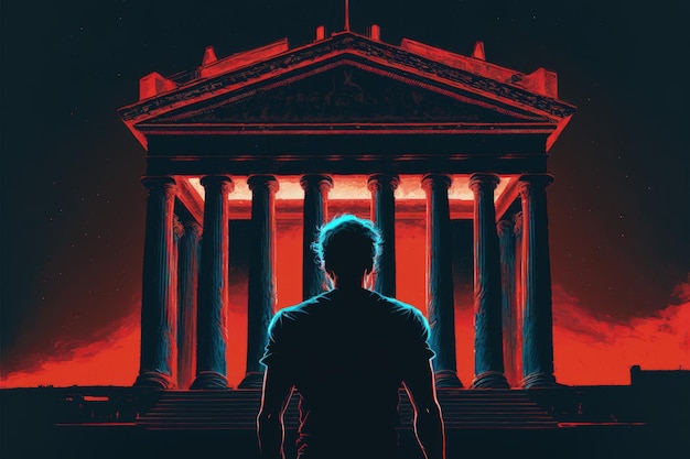 Young guy standing in front of an old temple illuminated by red lights Fantasy concept Illustration painting Generative AI