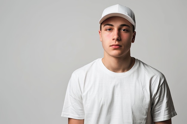 Photo a young guy in a white tshirt and a white cap