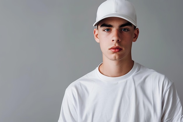 Photo a young guy in a white tshirt and a white cap