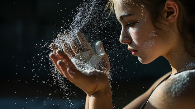 Photo young gymnast applying powdered chalk to her palms a young gymnast applying