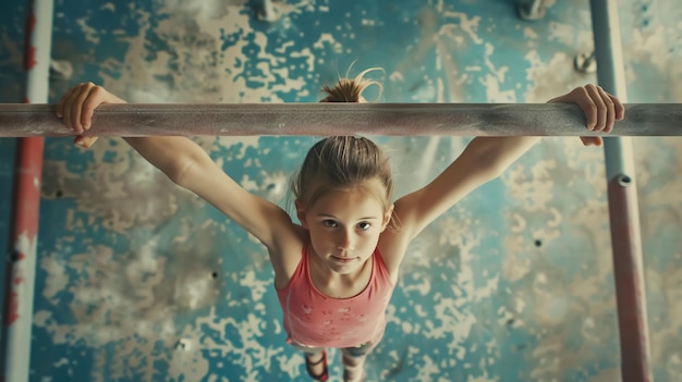 Young gymnast on a horizontal bar