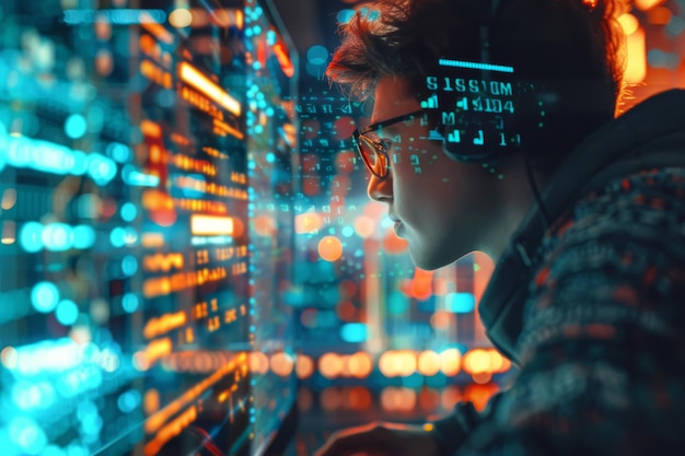 Young Hacker in Hoodie Amidst Digital Security Symbols at Night