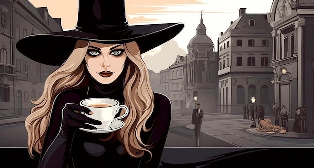 Young halloween witch girl drinking a cup of coffee ai generated