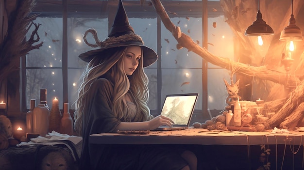 Young halloween witch working on a laptop computer witch job ai generated