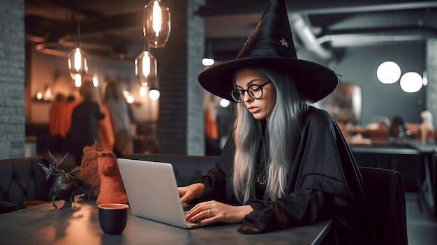 Young halloween witch working on a laptop computer witch job ai generated