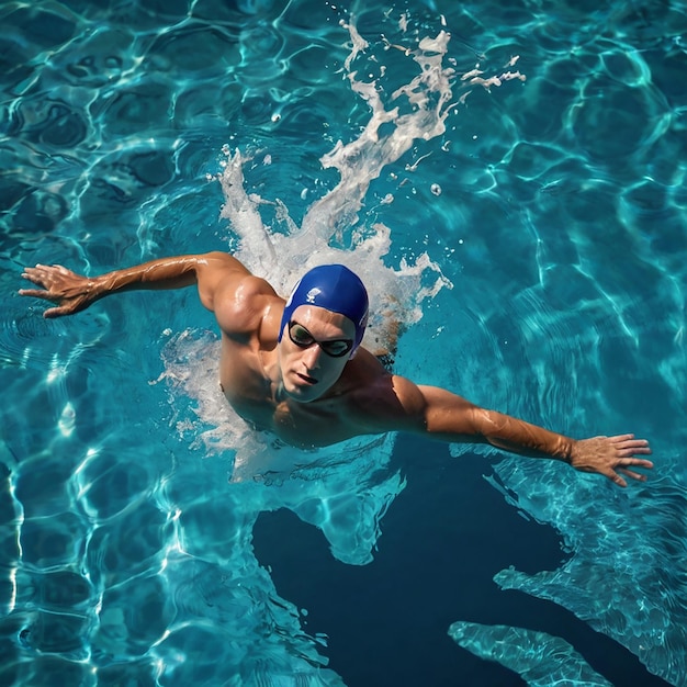 Photo young handsome athlete swimming in poll at butterfly style