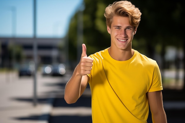 Young handsome blonde man at outdoors with thumb up