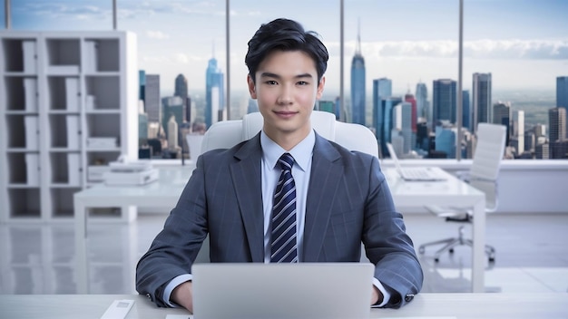 Young handsome business man with laptop in office