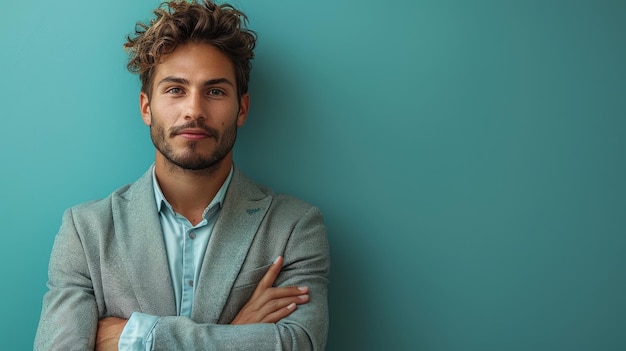 Photo a young handsome businessman in a grey suit is pointing his finger to the side on a light blue background with copy space