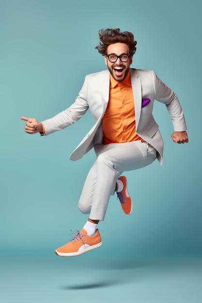 Young handsome funny man with glasses brown hair and beard wearing light grey suit and sneakers jumping with the skateboard on color studio background