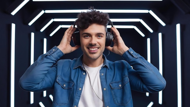 The young handsome happy hipster man listening music with headphones at black studio with neon ligh