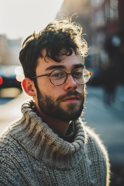 Young handsome hipster man with beard and glasses in the city street