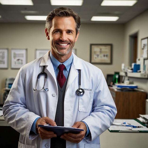 young handsome Male doctor in a white coat standing confidently in a modern medical office