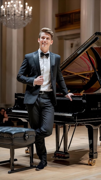 Photo young handsome male pianist standing on concert stage next to a grand piano