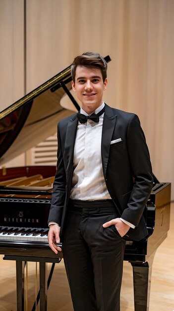 Photo young handsome male pianist standing on concert stage next to a grand piano