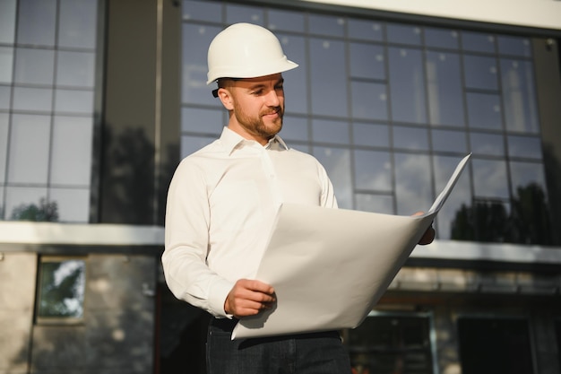 Young handsome man constructor in white hardhat. Close up portrait