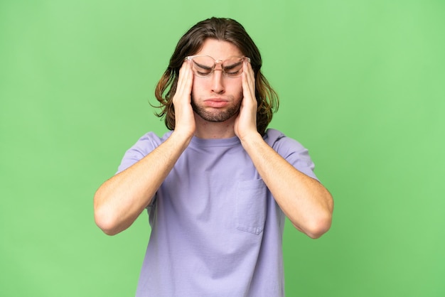 Young handsome man over isolated background with headache