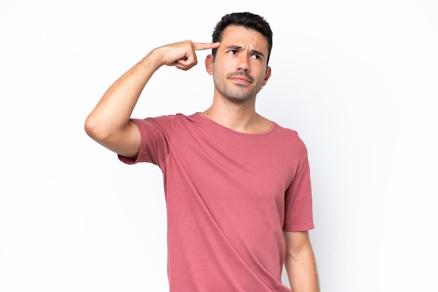 Young handsome man over isolated white background making the gesture of madness putting finger on the head