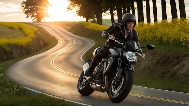 Young handsome man riding on motorbike at countryside road