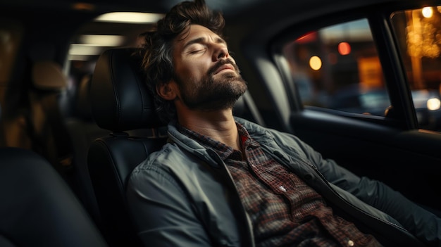 Young handsome man sleeping on the backseat of the car Male passenger in trip at night